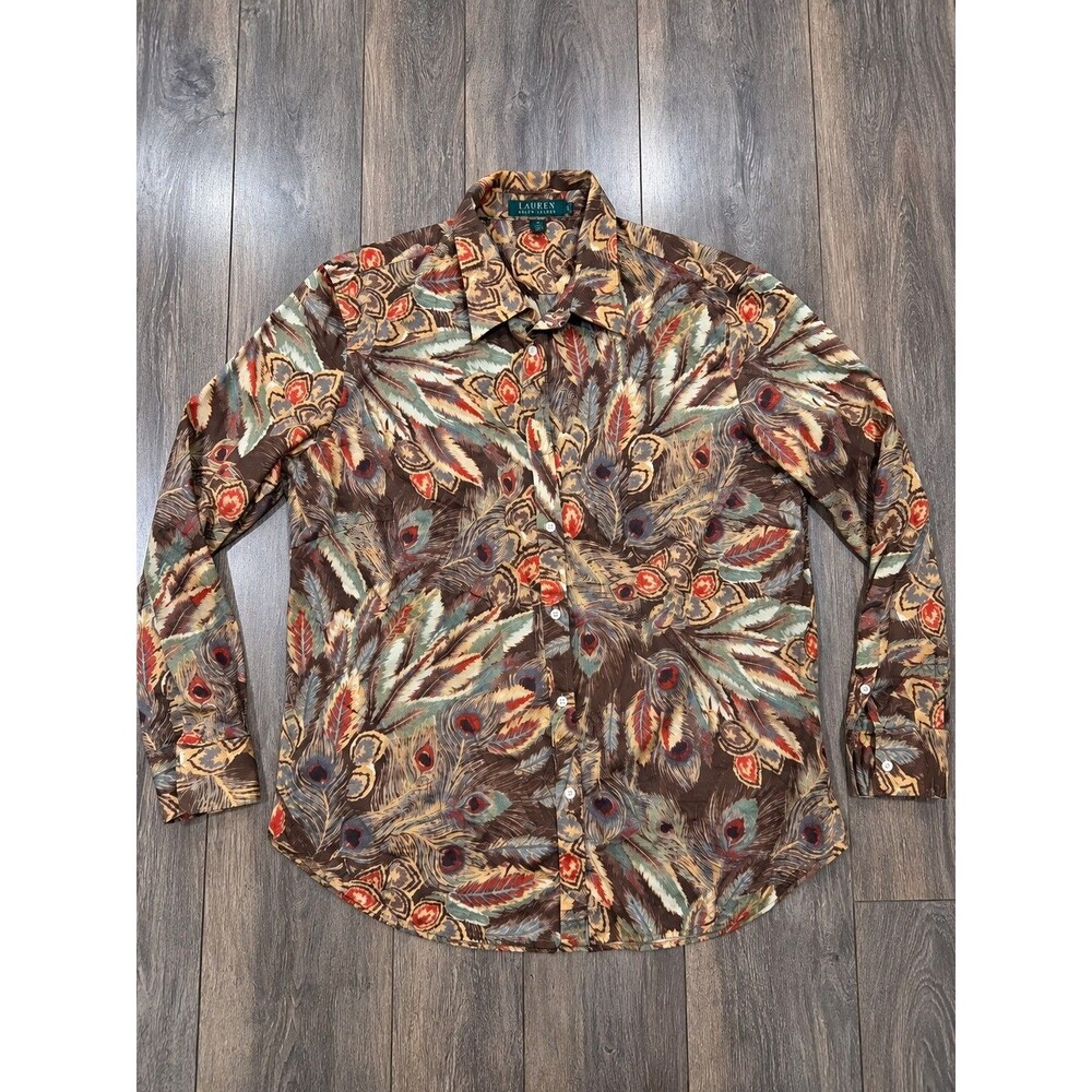 Lauren Ralph Lauren Womens 1X Peacock Feather Paisley Cotton Button Up Shirt
